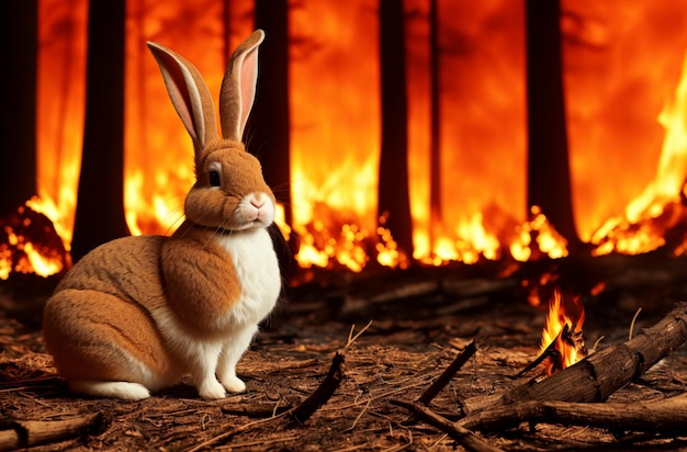 Konijn op achtergrond van bosbrand Arm pluizig konijntje in gevaarlijke natuurramp Concept zorgt voor de natuur Generatieve AI