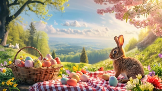 Konijn op picknicktafel met eieren tegen de lucht en de natuurlijke omgeving