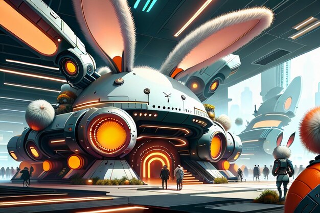 Konijn science fiction city base toekomstige technologie ontwikkeling concept stijl wallpaper achtergrond