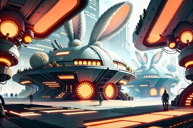 Konijn science fiction city base toekomstige technologie ontwikkeling concept stijl wallpaper achtergrond