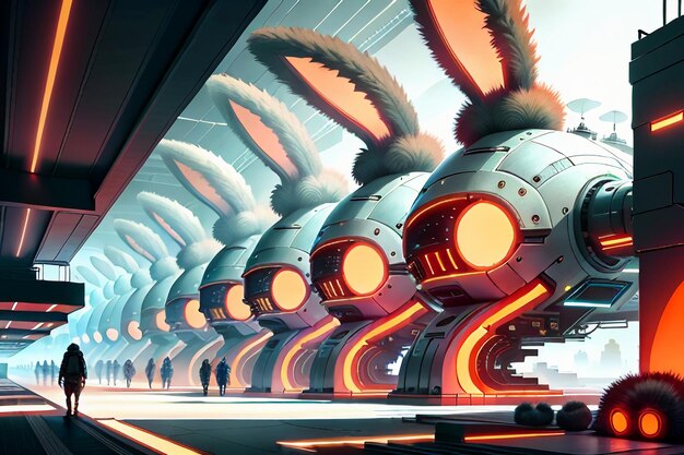 Konijn science fiction city base toekomstige technologie ontwikkeling concept stijl wallpaper achtergrond