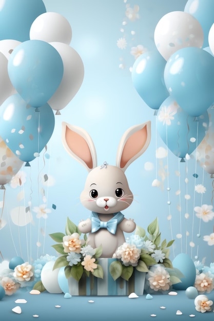 Konijn speelgoed met blauwe ballonnen en geschenk dozen Baby jongen feest illustratie