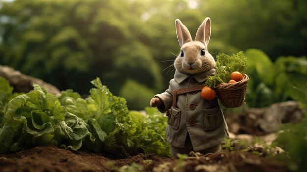 Foto konijn tegen de achtergrond van een groentetuin