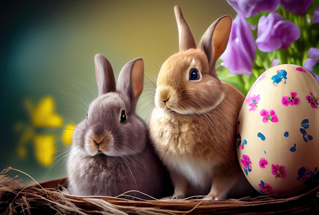 Konijnenfamilie in het nest met veel kleurrijke paaseieren voor Happy Easter Day Wenskaartachtergrond Dieren- en huisdierenconcept Generatieve AI