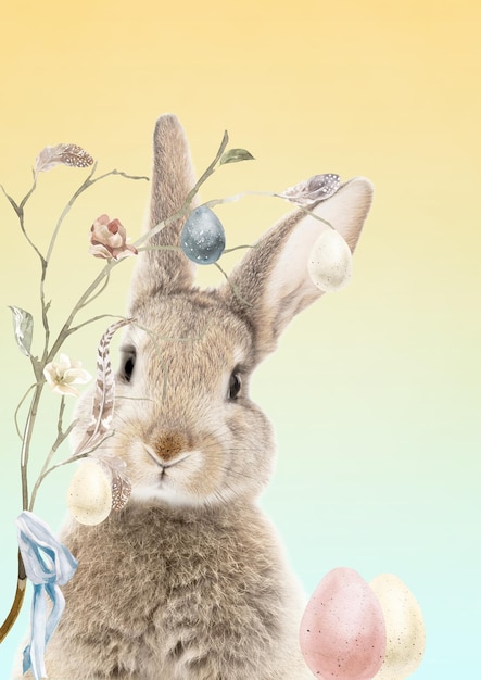 Konijnkonijn in een veld van wilde bloemen met een pastelgele achtergrond