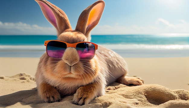 Konijntje met een kleurrijke zonnebril op het strand