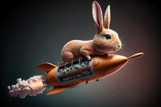 Foto konijntje rijdend op een raket.