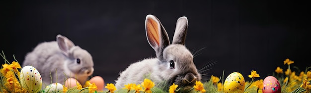 Konijntjes met paaseieren en bloemen banner achtergrond