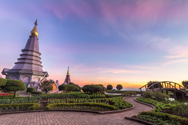 Koning en koningin pagode, groene tuin en roze lucht bij kleurrijke zonsondergang. Nationaal park Doi Inthanon, Thailand