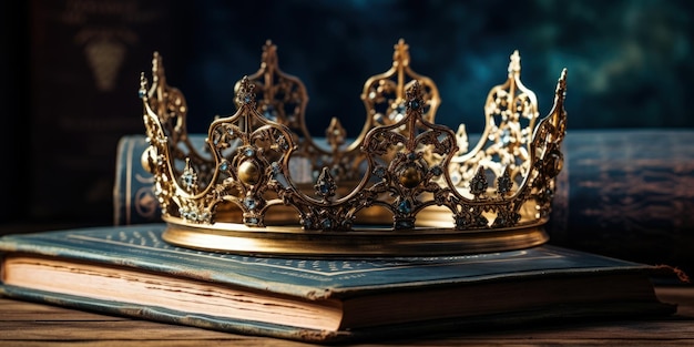Koning's kroon over boek middeleeuwse tijdperk en fantasy concept Generatieve AI