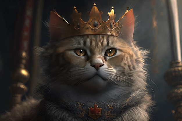 Koning van kat die kroon op donkere achtergrond draagt