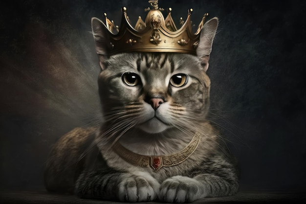 Koning van kat die kroon op donkere achtergrond draagt
