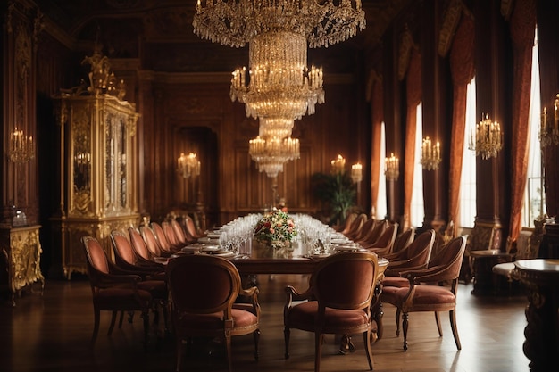 Foto koninklijke eetkamer met houten meubels en kroonluchten