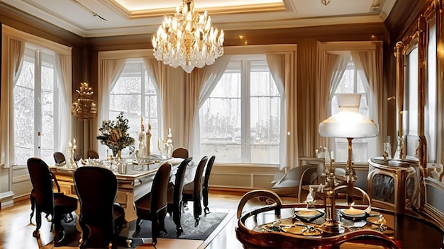 Koninklijke eetkamer met houten meubels en kroonluchters van traditionele klassieke stijl eetkamer