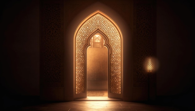 Koninklijke elegante lamp met heilige ingangspoort van de moskee Ramadan Kareem Eid Mubarak Generative Ai