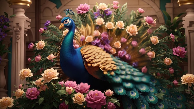 Koninklijke elegantie maakt een beeld van een majestueuze pauw te midden van exotische bloemen in vintage stijl