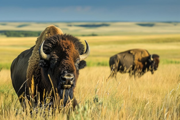 Koninklijke en stoische bizons in de Noord-Amerikaanse prairies Getuige van de majestueuze aanwezigheid van bizons terwijl ze door de uitgestrekte prairies van Noord-Amerika zwerven