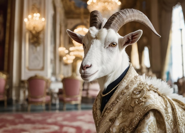 Koninklijke geit in elegante kleding in het paleis