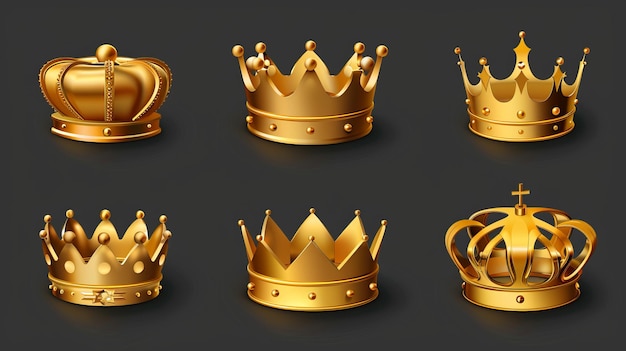 Koninklijke gouden koningskroon in verschillende hoeken Set van realistische 3D moderne illustraties Middeleeuws koninklijk embleem of spelitem van schat Koningschap winnaar trofee of prijs icoon