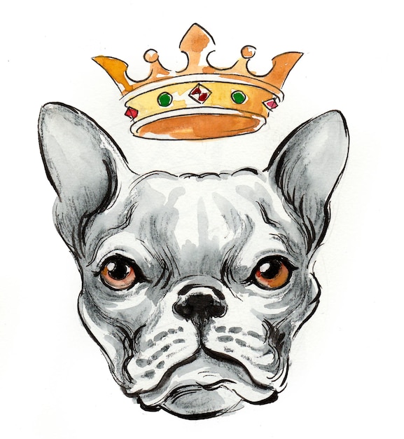 Koninklijke hond met een kroon. Inkt en aquarel tekenen