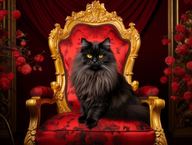 Foto koninklijke kat poseerde op een luxe stoel