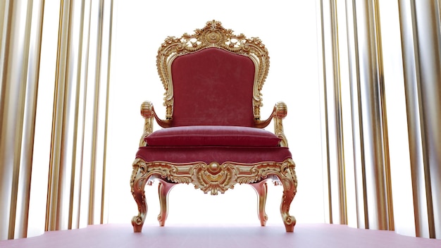 Koninklijke rode en gouden fauteuil over gouden en witte achtergrond vip concept 3d render