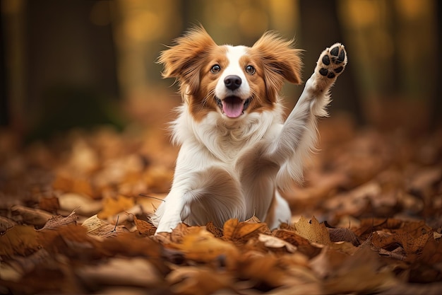Kooikerhondje lifting paws from leaves performing a trick
