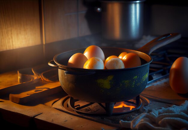 Kook eieren in een pan in de keuken