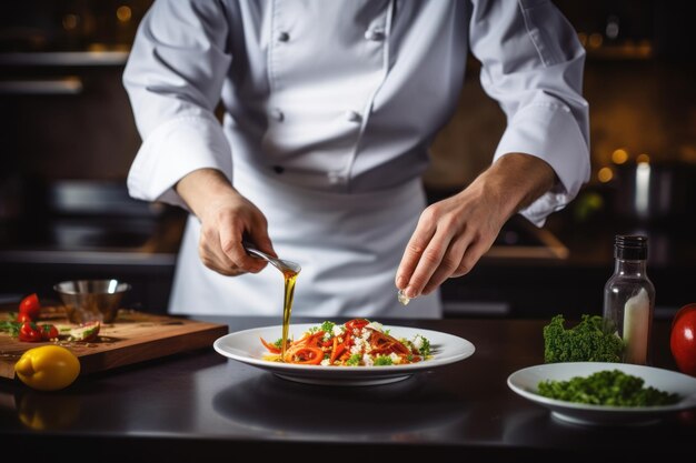 Kook in schort en voeg wat saus toe aan het gerecht