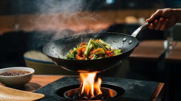 Foto kook is het bakken van groenten met specerijen en saus in een wok op een vlam