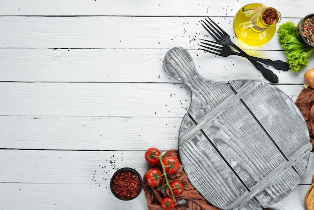 Kookbanner Witte keukentafel en ingrediënten Eten Bovenaanzicht Vrije ruimte voor uw tekst