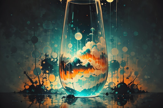 Foto kookende bubbels wolk in glazen fles abstracte afbeelding behang achtergrond illustratie