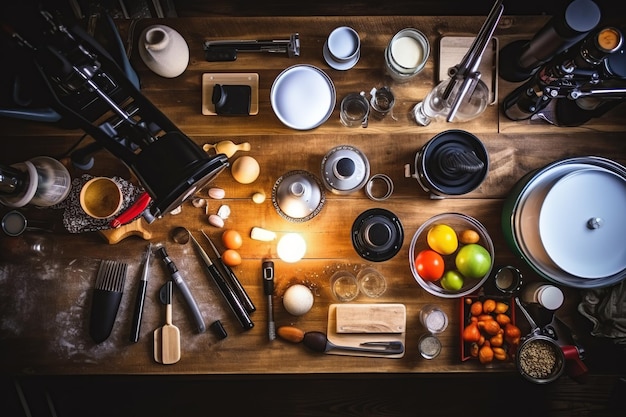 kookgerei op houten achtergrond Top uitzicht Gegenereerd met AI