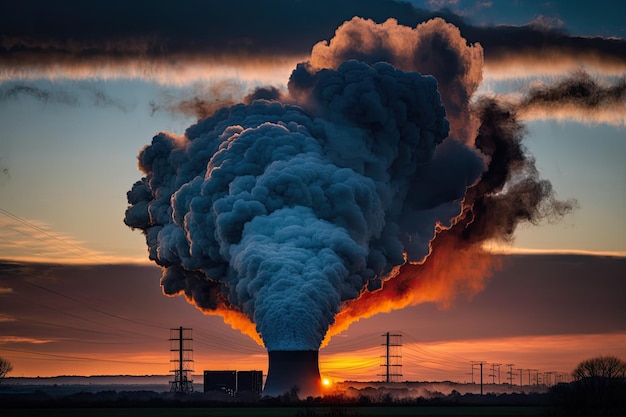Kooldioxide CO2 uitgestoten door een kolencentrale in het VK bij zonsondergang Klimaatverandering