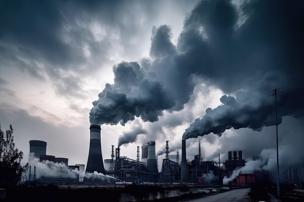 Kooldioxide-uitstoot van energiecentrale met rook die uit de schoorstenen komt