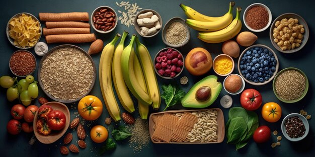 Foto koolhydraatrijke maaltijden op een grijze achtergrond veganistische maaltijden met veel vezels, antioxidanten, vitamines en mineralen