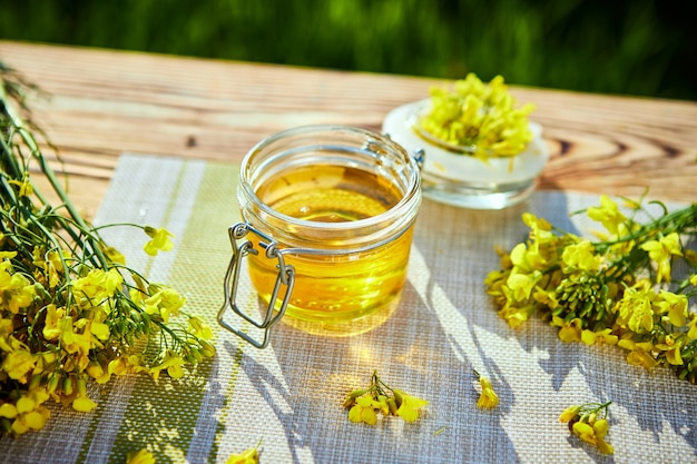 Koolzaadolieflessen (canola) op achtergrondverkrachtingsgebied