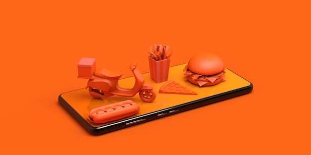 Koop eten online met smartphone Levering Motorfiets hotdog pizza hamburger frietjes 3d illustratie