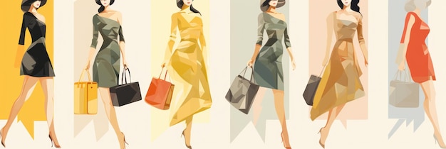 Koopjesjagers Collage Set van vrouwen met kleurrijke boodschappentassen Verkoopkorting en Black Friday