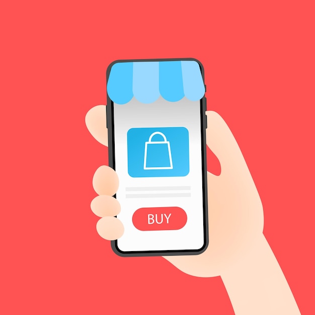 Koopknop op het telefoonscherm Platte kleur telefoon in de hand telefoon scherm mockup koopknop winkelpakket icoon Vector illustratie