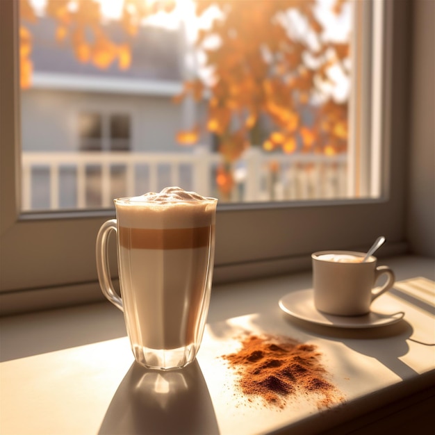 Foto kop cappuccino met pompoen specerijen en kaneel in de keuken ai gegenereerd