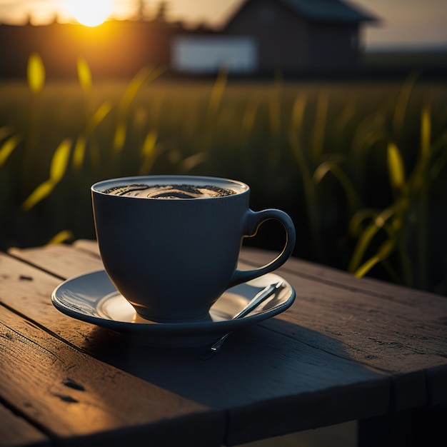 Kop koffie met boerderij met zon op de achtergrond Generatieve AI