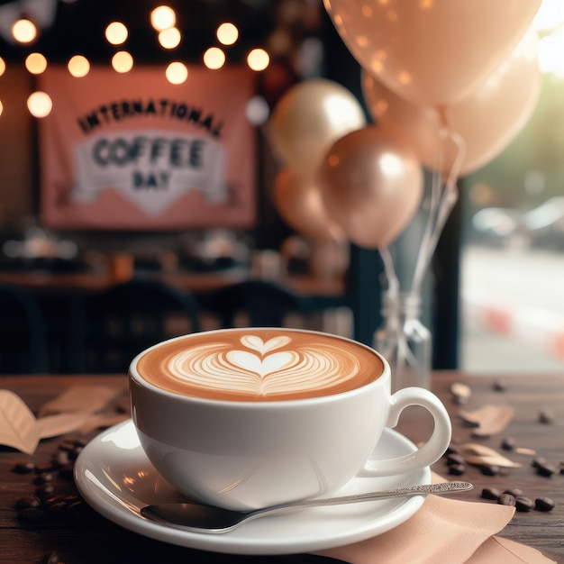 kop koffie met chocolade Birtday achtergrond op café