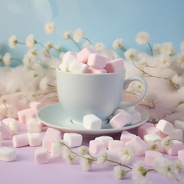 Kop koffie met marshmallows en witte bloemen op een roze achtergrond