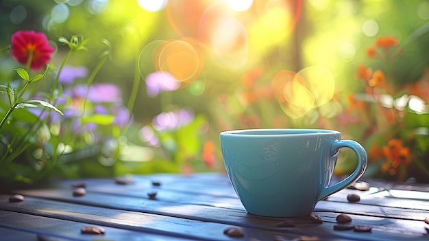 Kop koffie op de zomer tafel tuin terras achtergrondconcept