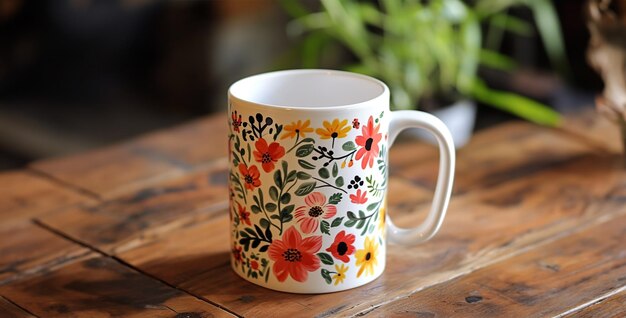 kop koffie op tafel kop thee kop koffie een witte beker met een heldere bloemen afdruk als een kop