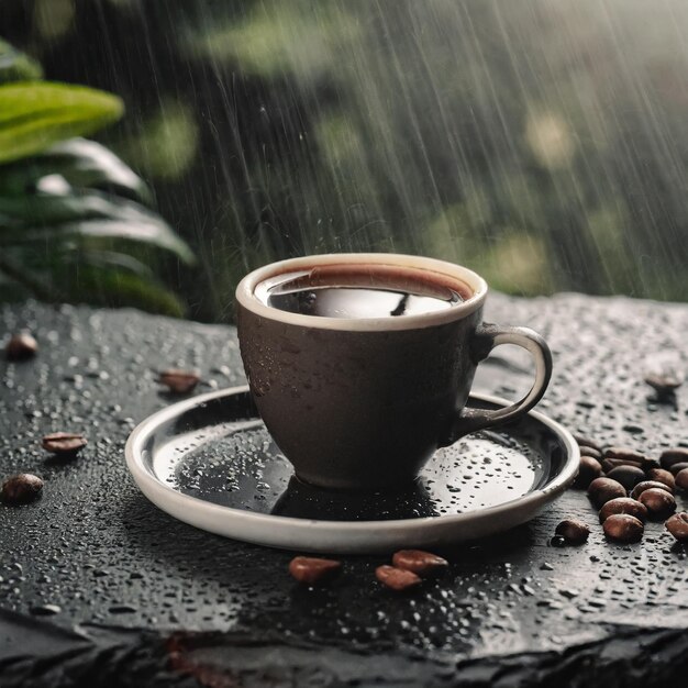 Kop koffie op zwarte oppervlakte steen met regen op de achtergrond Ai gegenereerd