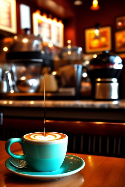 Kop warme koffie met kaneel op schotel en bonen op realistisch