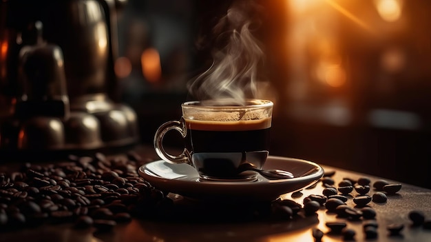 Kop warme koffie met rook op houten tafel op onscherpe achtergrond Al gegenereerd