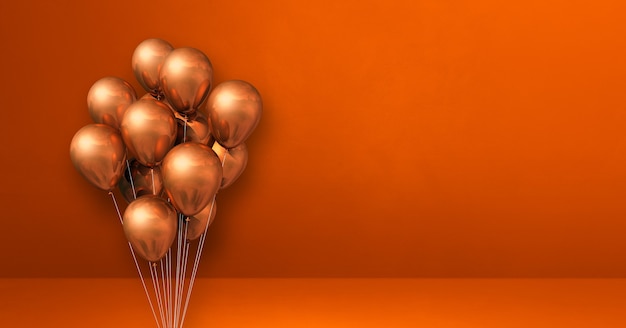 Koperen ballonnen bos op oranje muur achtergrond. Horizontale banner. 3D illustratie renderen